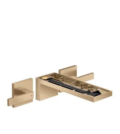 AXOR Waschtischarmatur mit drei Komponenten für Wandmontage. Der Auslauf ist sichtbar und in gebürstetem Bronze-Finish gestaltet.